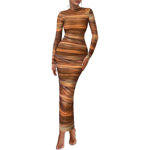 Dresses & Skirts - Women's Brown Long Sleeve Spring Ruched Bodycon Floral Mesh Maxi Dress